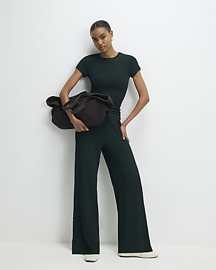Green Textured Wide Leg Trousers