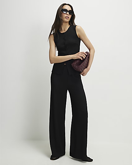 Black Textured Wide Leg Trousers