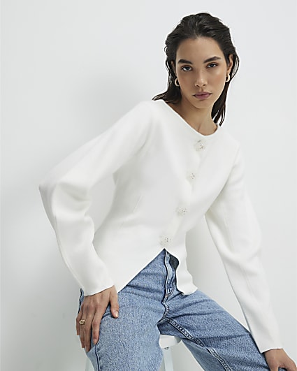 White Knitted Floral Button Cardigan