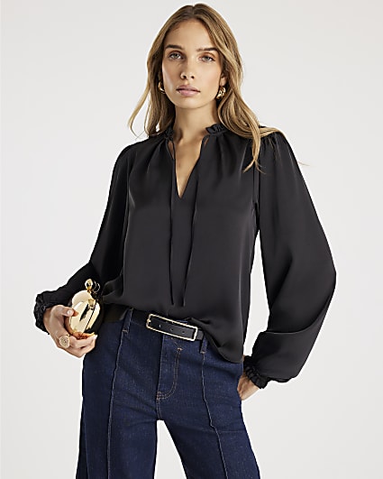 Black Long Sleeve Ruffle Trim Blouse