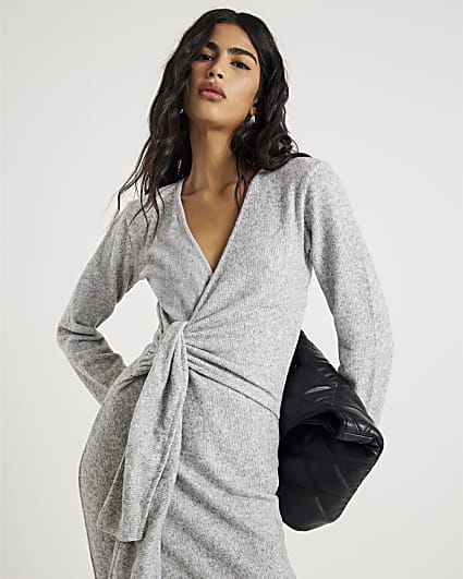 Grey Long Sleeve Tie Side Cosy Maxi Dress