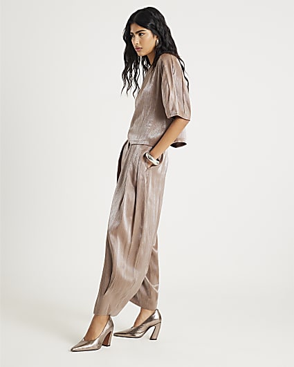 Beige Metallic Tapered Trousers