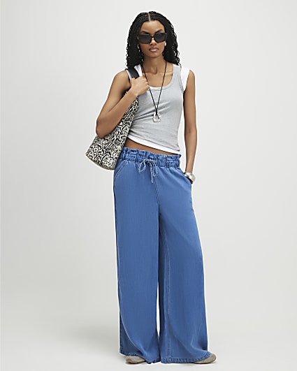 Blue Wide Leg Paperbag Jeans
