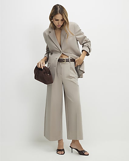 Cream Premium Cropped Flared Trousers