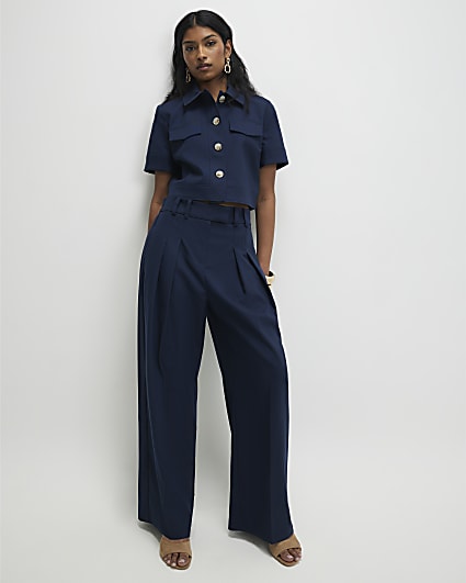 Navy High Waisted Wide Leg Trousers