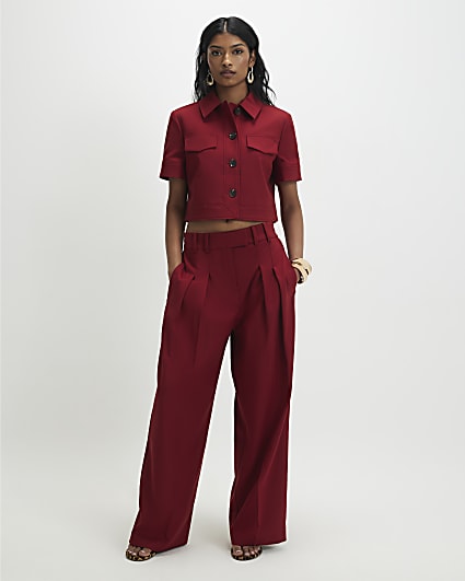 Red High Waisted Wide Leg Trousers