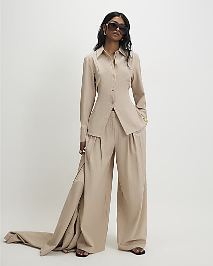 Cream Stripe Wide Leg Trousers