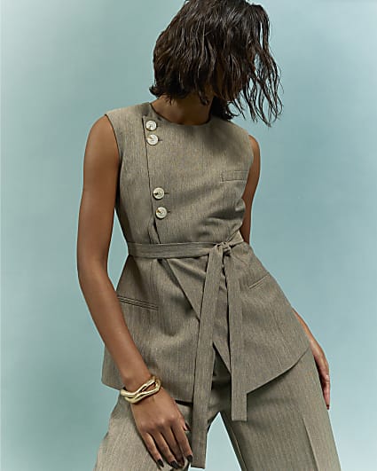 Beige Asymmetric Belted Waistcoat