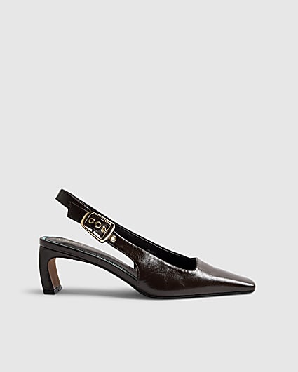 Brown Low Chisel Toe Slingback Court Heels