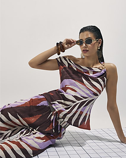 Brown Leaf Print Chain Strap Top