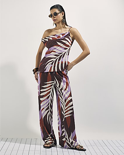 Brown Leaf Print Wide Leg Trousers