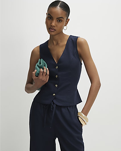 Navy Linen Blend Waistcoat