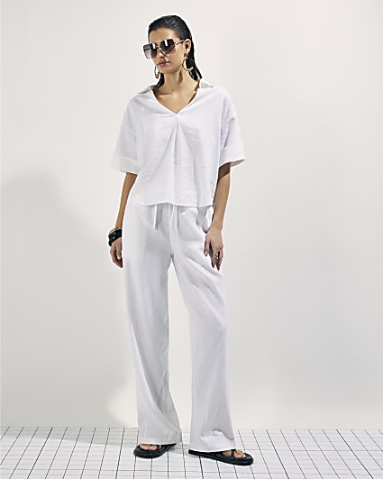 White Linen Blend Tapered Trousers