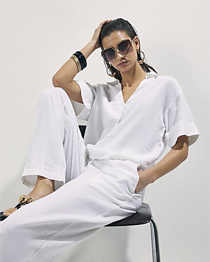 White Linen Blend Short Sleeve Shirt