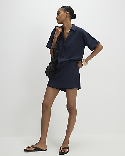 Navy Linen Blend Skort