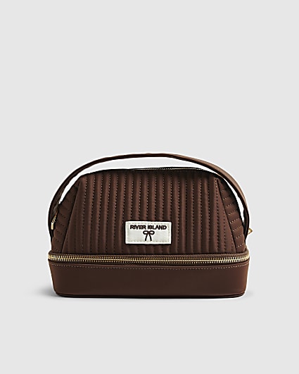 Brown Ribbed Top Handle Makeup Bag