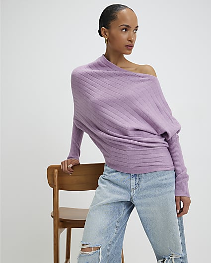 Purple Ribbed Off The Shoulder Jumper