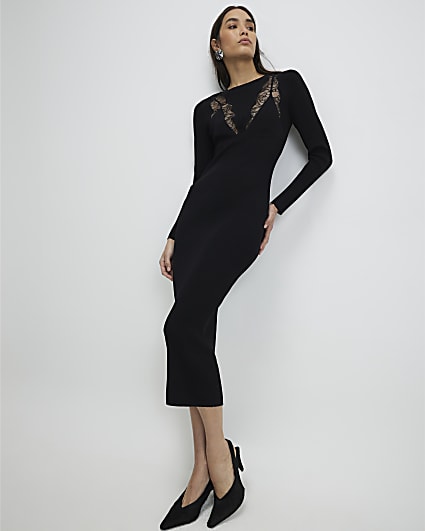 Black Lace Insert Rib Dress