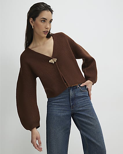 Brown Knitted Gold Detail Cardigan