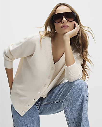 Cream Knitted V Neck Cardigan