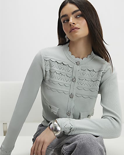 Blue Scallop Trim Diamante Button Cardigan