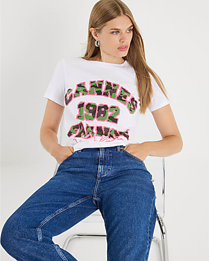 White Short Sleeve Camo Print Cannnes T-shirt