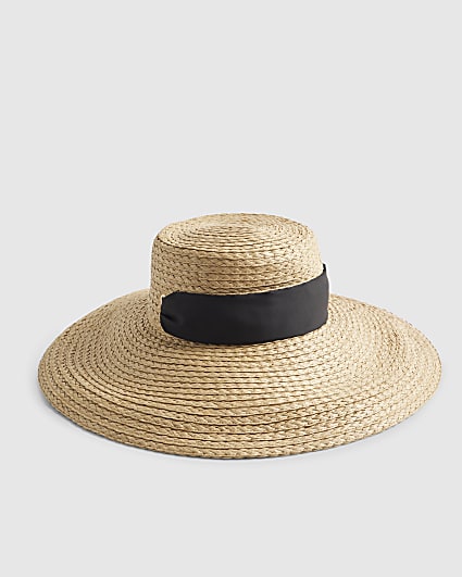 Beige Oversized Floppy Scarf Detail Straw Hat
