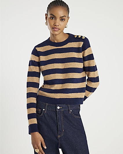 Navy Knitted Stripe Heart Button jumper