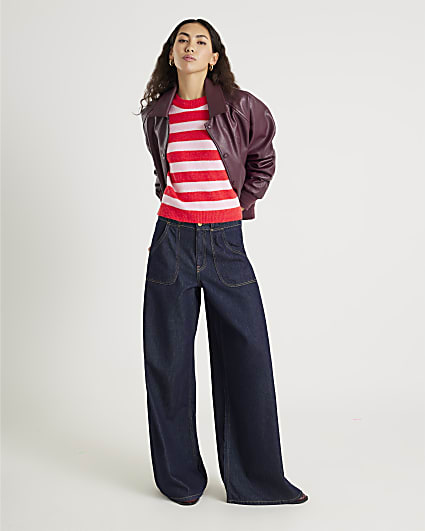 Red Knitted Stripe Heart Button Jumper