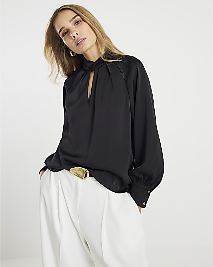 Black Long Sleeve Twist Detail Blouse