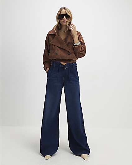 Blue High Waisted Tie Detail Wide Leg Jeans