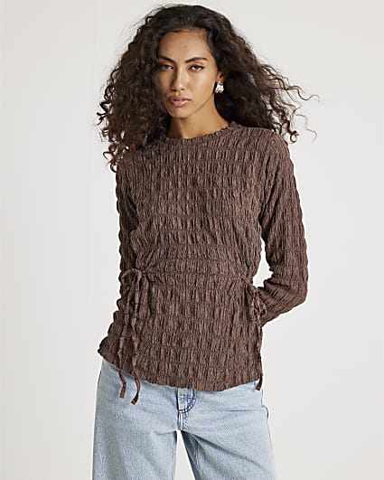 Brown Tie Side Textured Top