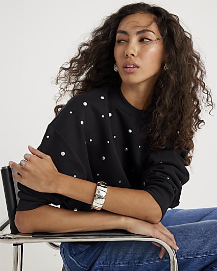 Black Long Sleeve Studded Sweatshirt