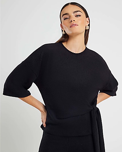 Black Cosy Thin Rib Knot Side Top