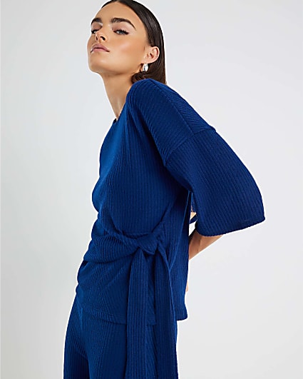 Navy Short Sleeve Ribbed Tie Detail Top