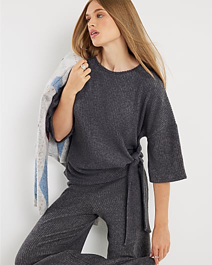 Grey Short Sleeve Cosy Ribbed Tie Detail Top