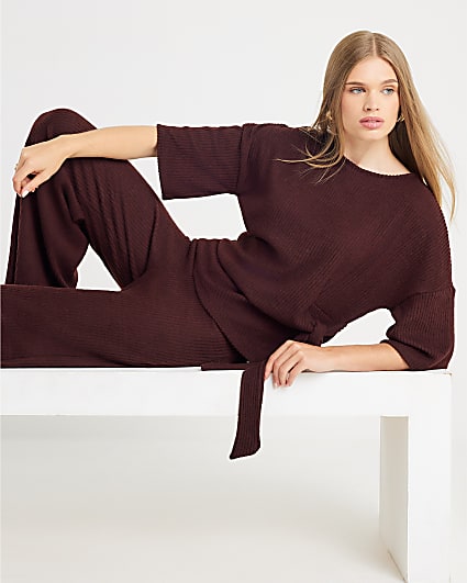 Brown Ribbed Side Knot Top