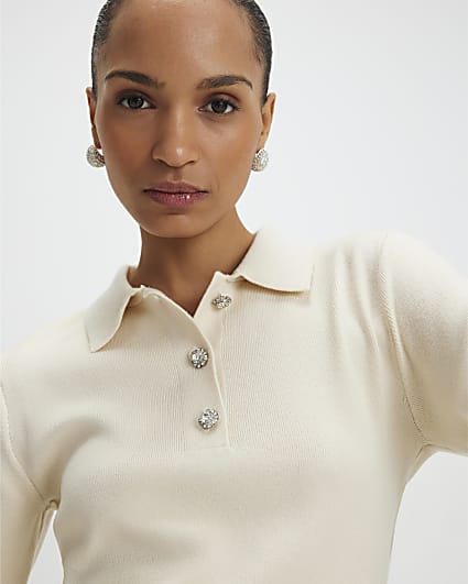 Cream Polo Embellished Button Top