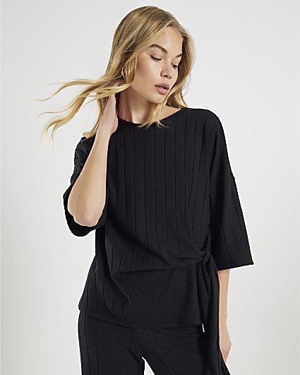 Black Cosy Wide Rib Knot Side Top