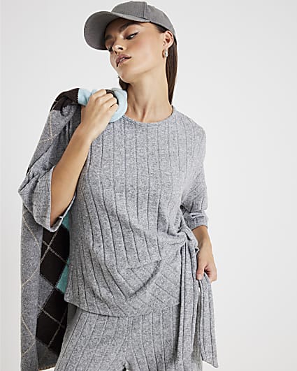 Grey Short Sleeve Cosy Wide Rib Knot Side Top