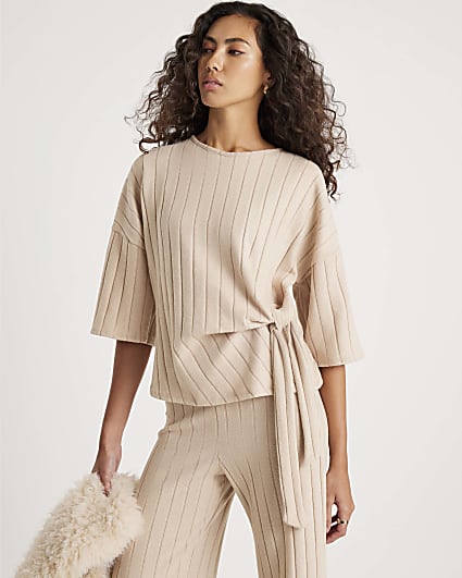 Beige Short Sleeve Wide Ribbed Knot Side Top