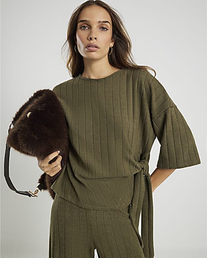 Khaki Cosy Wide Rib Knot Side Top