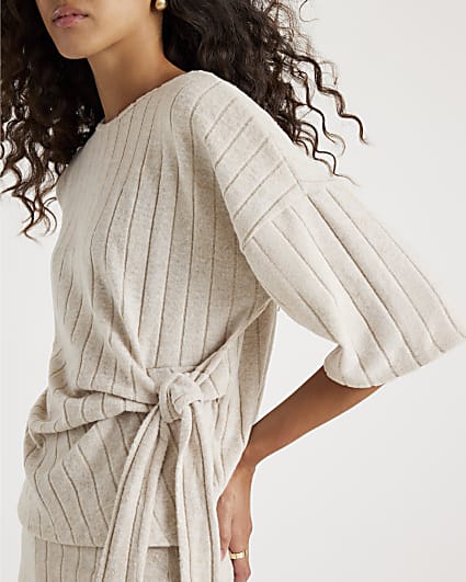 Cream Short Sleeve Wide Ribbed Knot Side Top