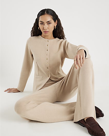 Beige Knitted Long Sleeve Structured Cardigan