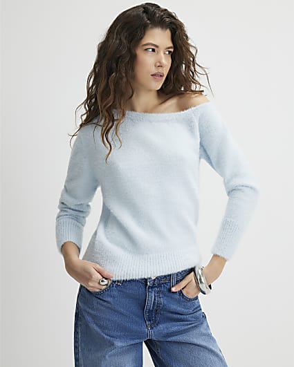 Blue Long Sleeve Asymmetric Fluffy Top