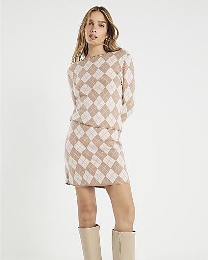 Beige Knitted Argyle Mini Skirt