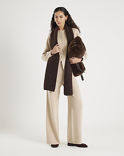 Beige Knitted Wide Leg Trousers