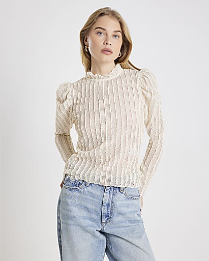 Cream Long Sleeve High Neck Puff Sleeve Top