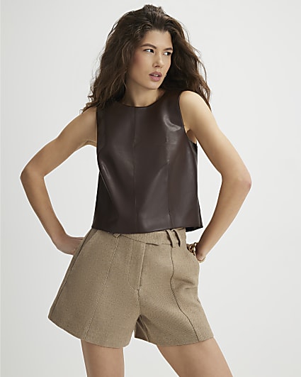 Brown Faux Leather Shell Top