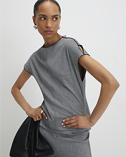 Grey Short Sleeve Herringbone Interlock Top